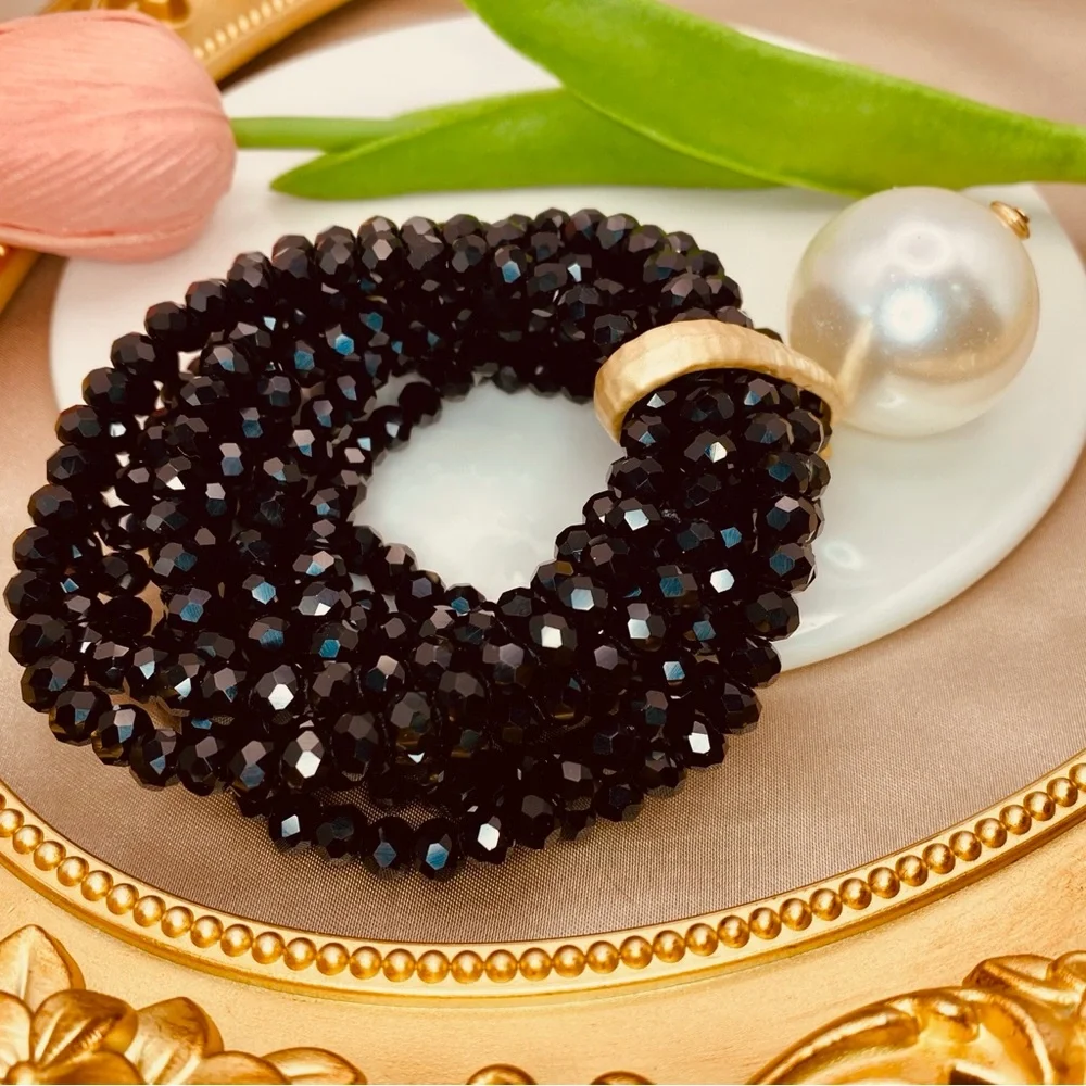Statement Multi-Layer Black Crystal Beaded Exaggerated Pearl Accent Bracelet - Picture 4 of 10